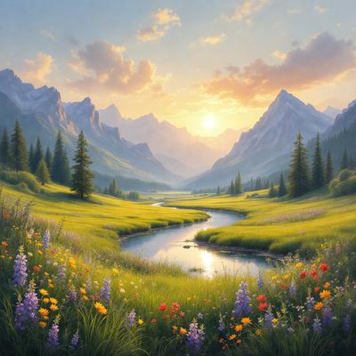 The primary subject of the image is a beautiful landscape featuring a river flowing through a valley surrounded by mountains. The setting is a lush green field with a variety of flowers, including purple and yellow ones, adding to the vibrant and colorful atmosphere. The visual style of the image is a painting, which showcases the artist's skill in capturing the natural beauty of the scene. The colors and mood of the painting evoke a sense of serenity and tranquility, as the viewer is drawn into
